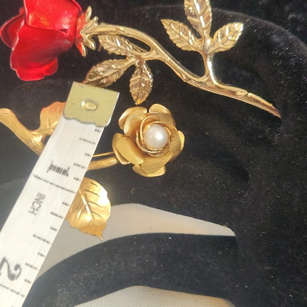 Vintage Rose Brooch lot Red Enamel Gold Tone Faux Pearl Floral Pins 2pc